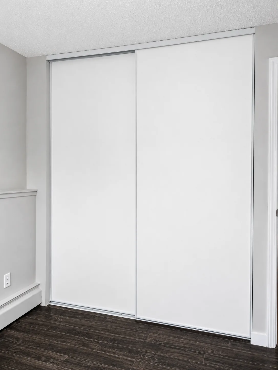 White panel sliding closet doors over dark flooring