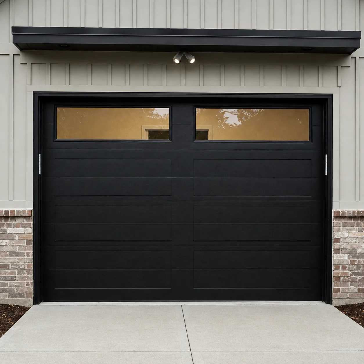 Black garage door with a window band