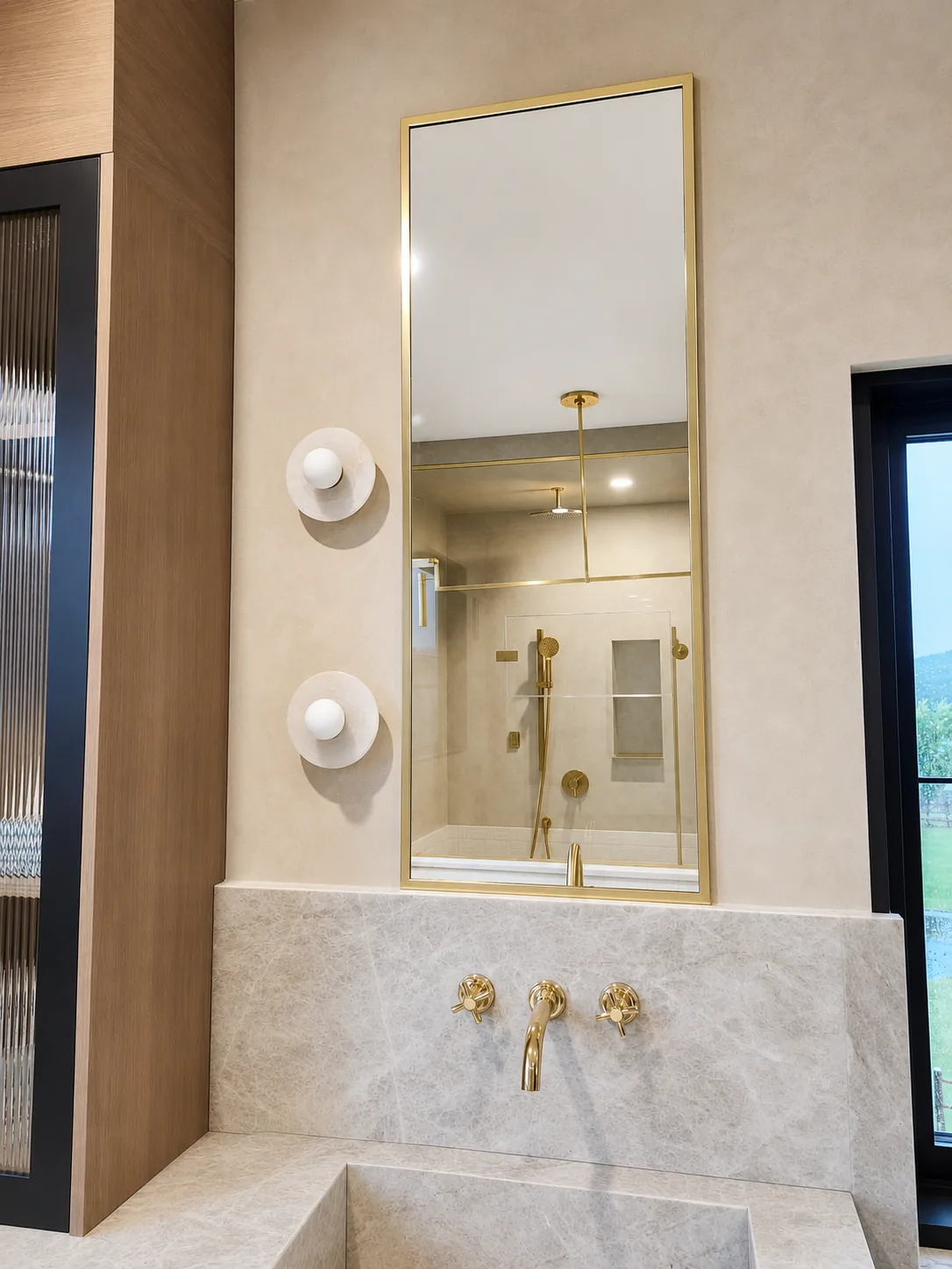 Gold-framed mirror with brass fixtures in a powder room