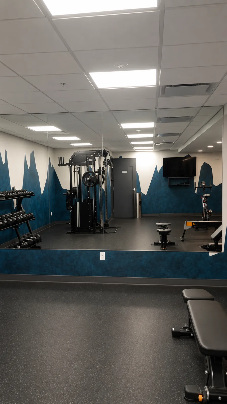 Wall mirrors in a home gym with training equipment