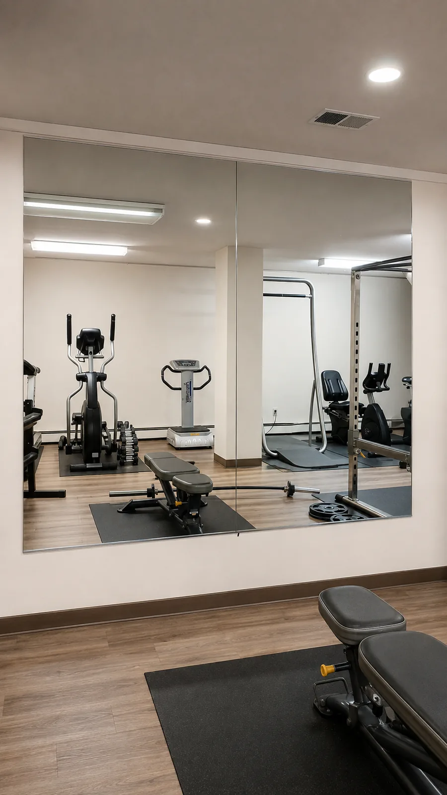 Two-panel mirror wall with a slim vertical seam in a residential gym