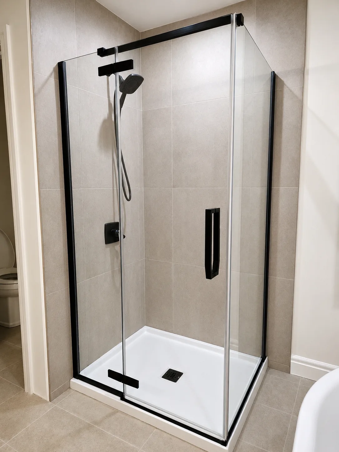 Black-framed hinged shower enclosure
