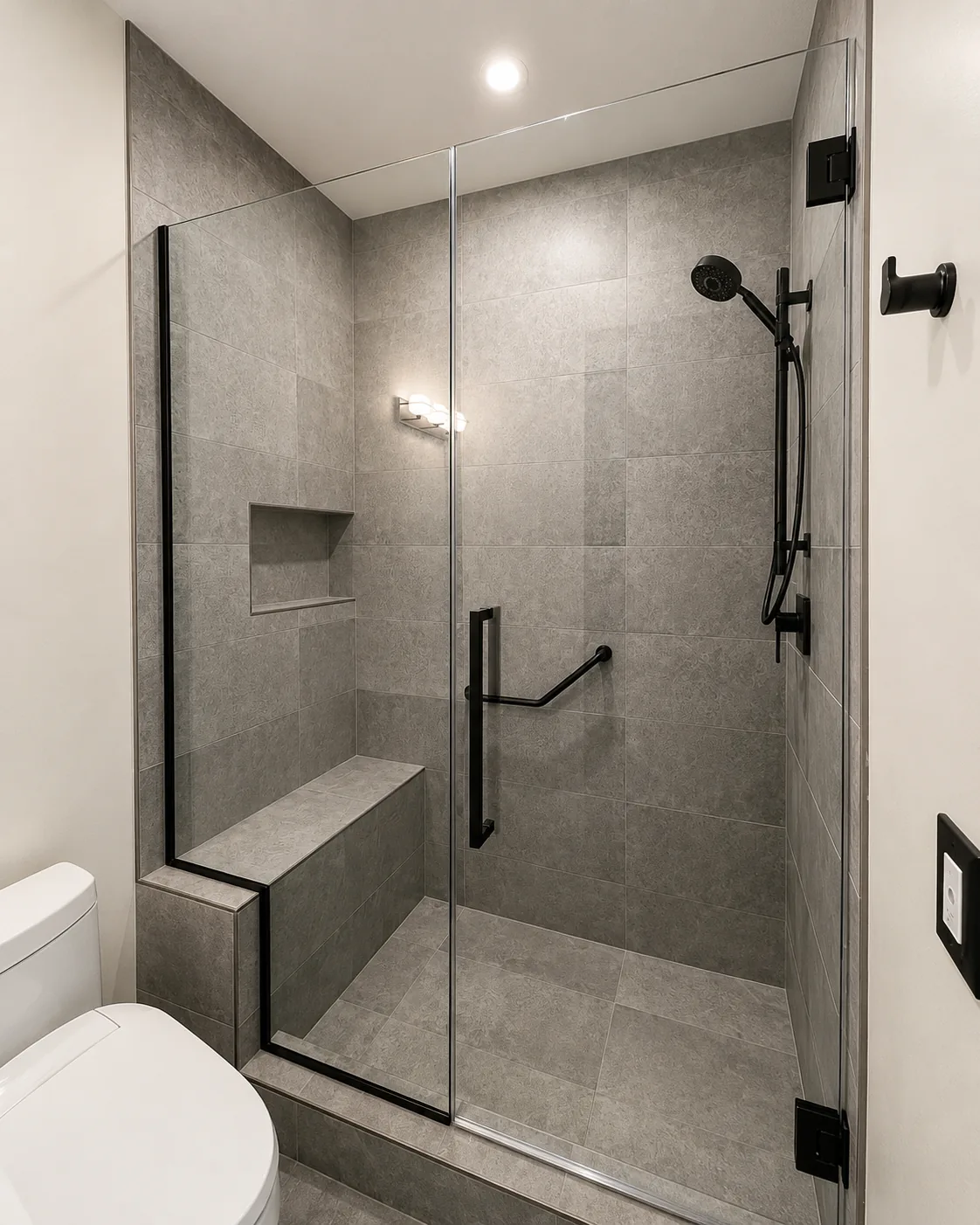 Frameless shower door with black handle, grey tile, and bench