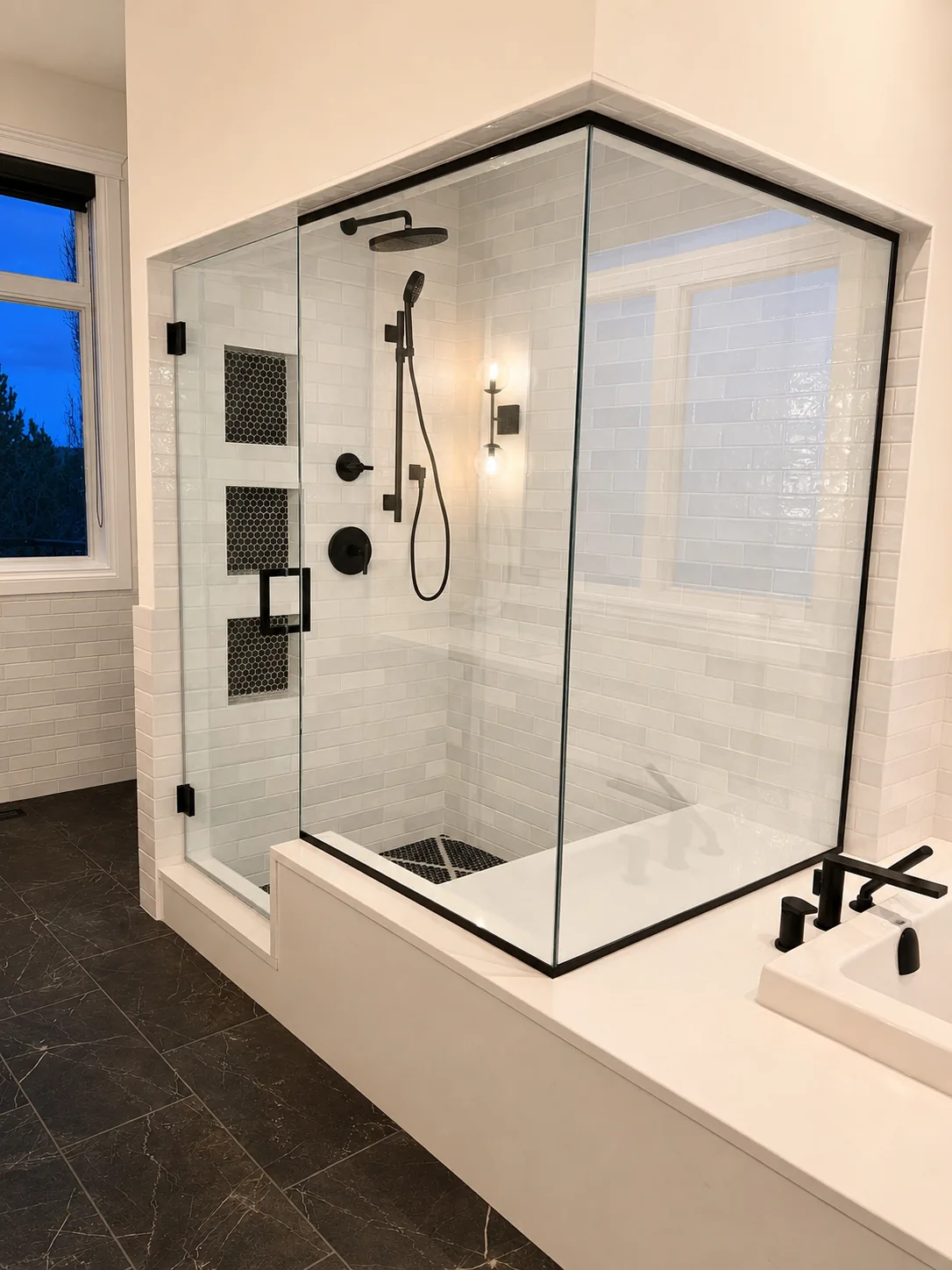 Frameless corner shower enclosure with black hardware beside a window