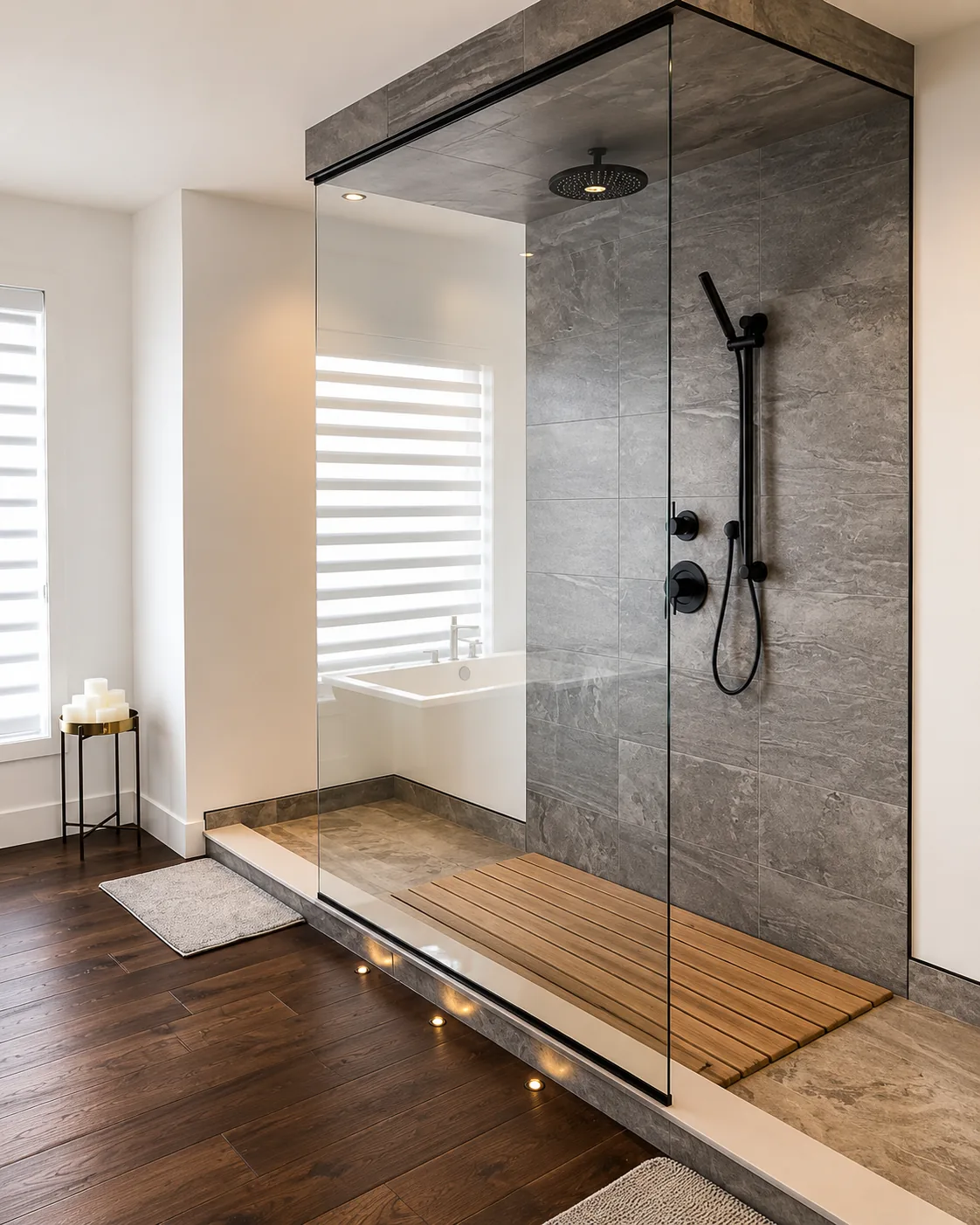 Walk-in glass shower panel with dark tile and teak floor