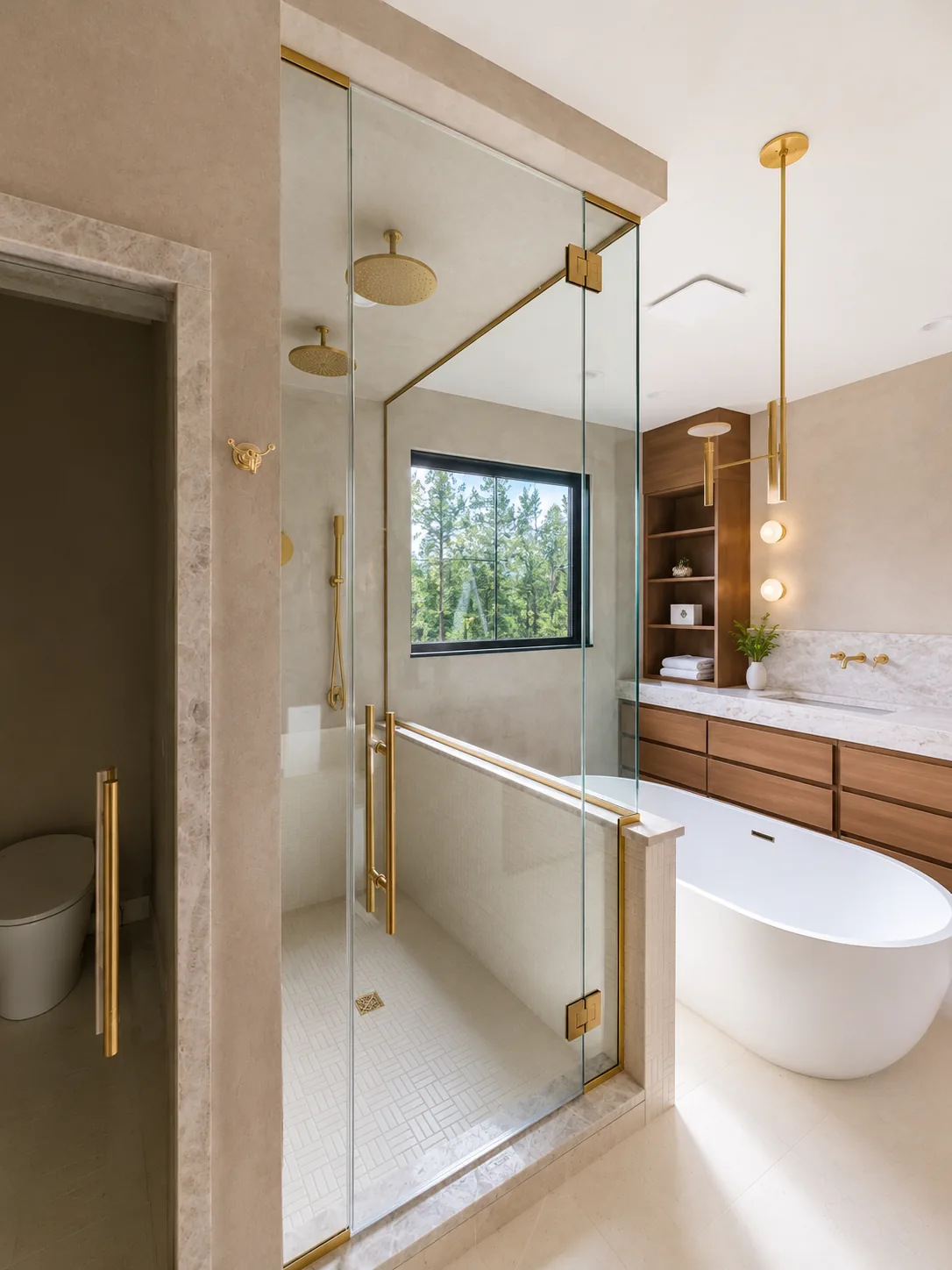 Frameless shower enclosure with brass hardware beside a freestanding tub